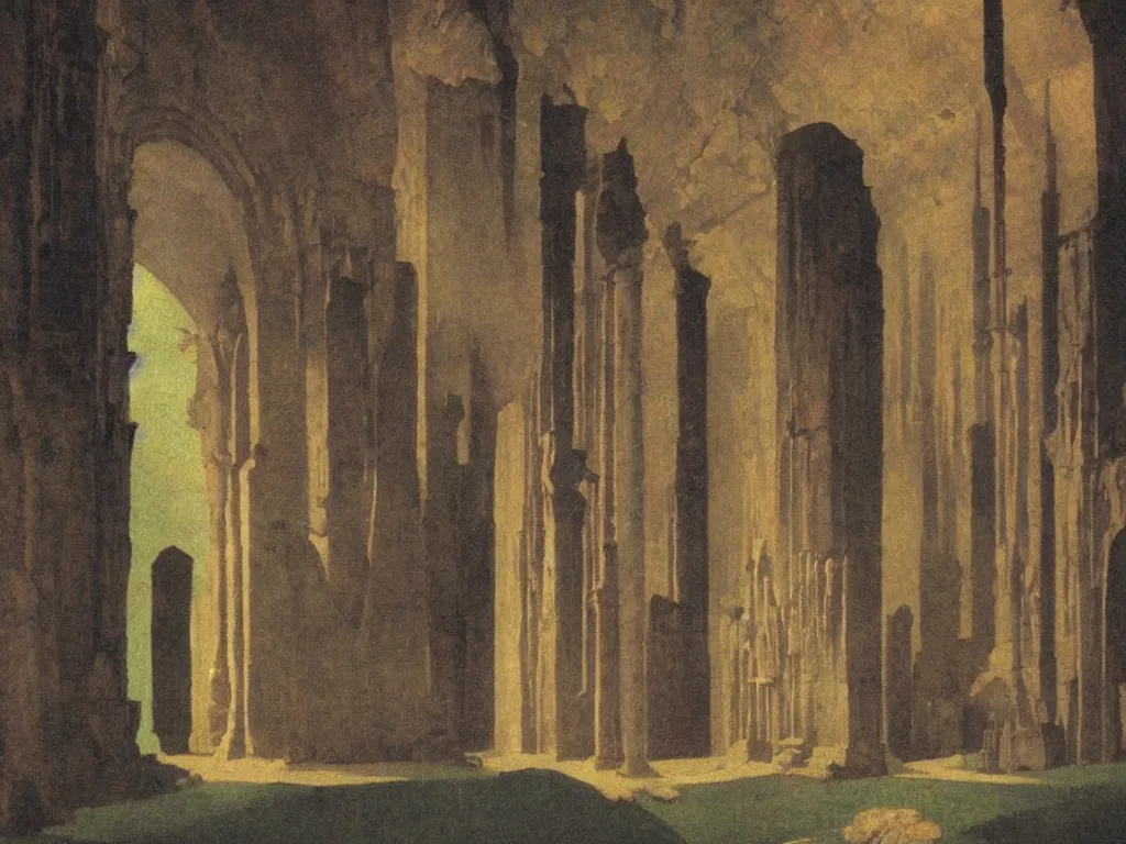 Image similar to gothic deserted temple in the impossible light psychedelia. dark, looming shadows. painting by cappiello leonett, arnold bocklin, wayne barlowe, agnes pelton, rene magritte