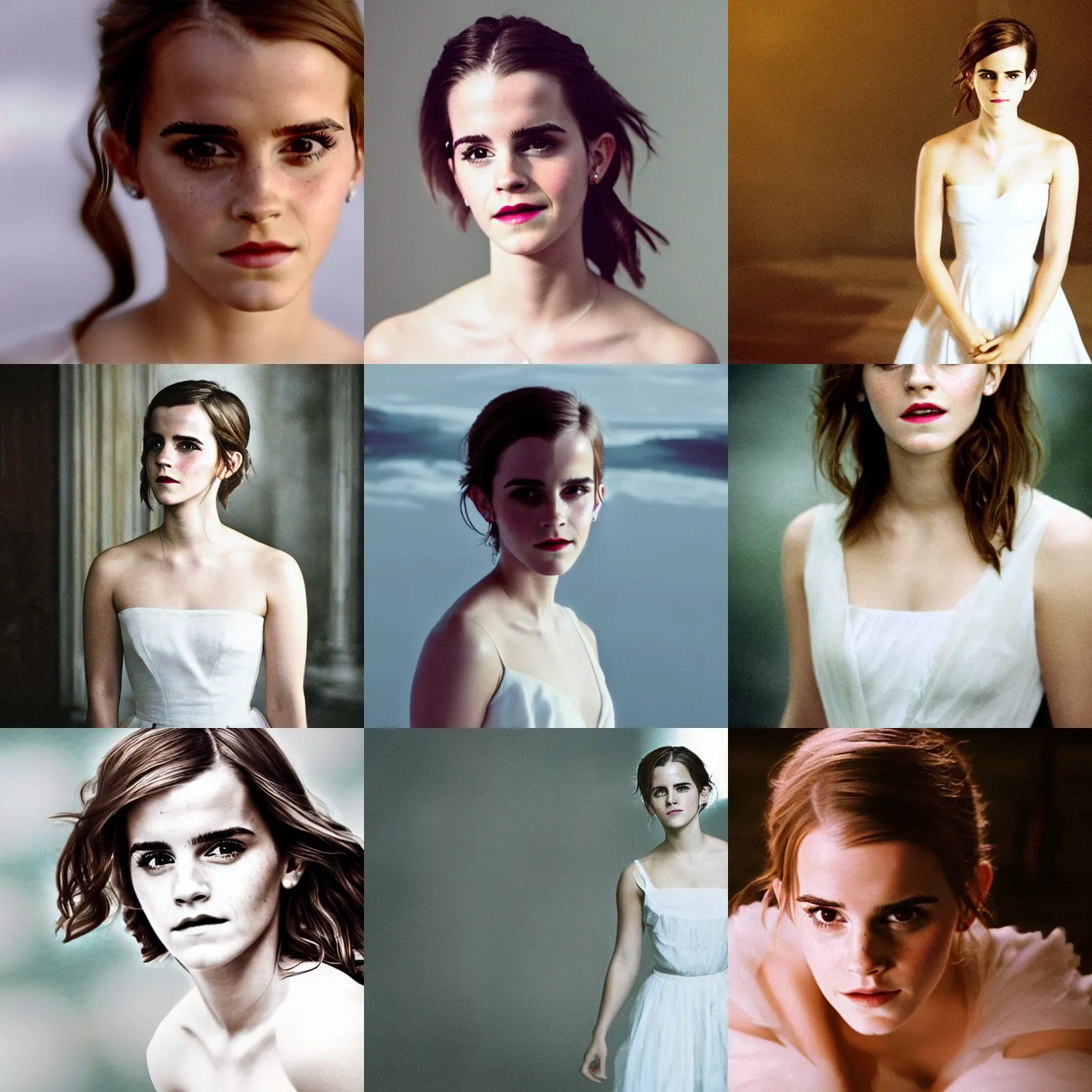 Prompt: 3. 5 mm coloured film portrait of emma watson in a white dress, atmospheric, vivid, cinematic