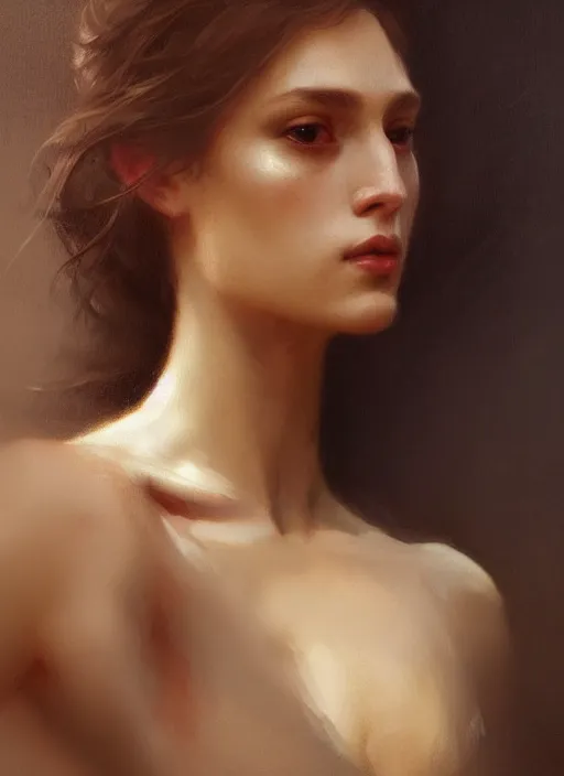 Image similar to Portrait of a handsome person that is half woman half man, intricate, elegant, highly detailed, artstation, concept art, smooth, sharp focus, illustration, art by and greg rutkowski and orientalism and bouguereau