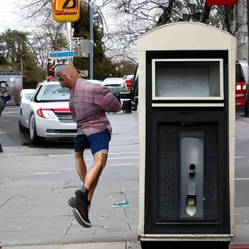 Image similar to man kicked in the head by a bare foot with toes coming through the handset of a pay phone