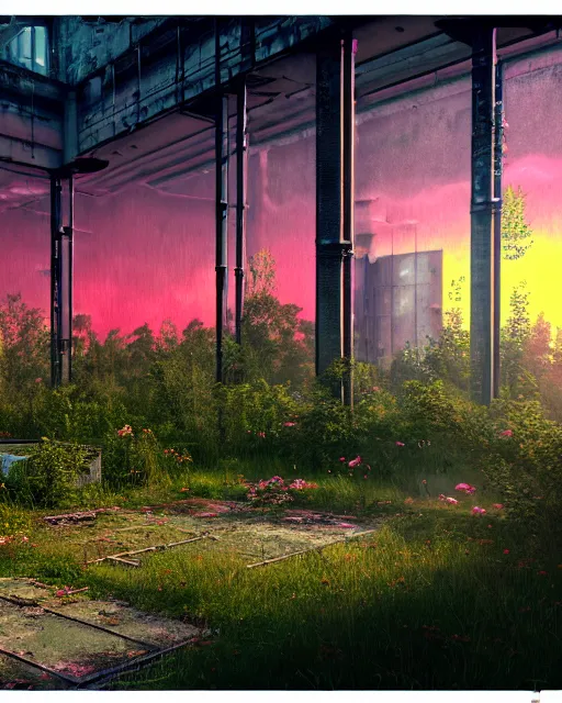 Image similar to a beautiful photorealistic render of urbex urbex industrial architecture by eugene boudin, futuristic otherworldly vaporwave darkacademia alien nature sunset biopunk meadow flowers lake, archdaily, wallpaper, highly detailed, trending on artstation.