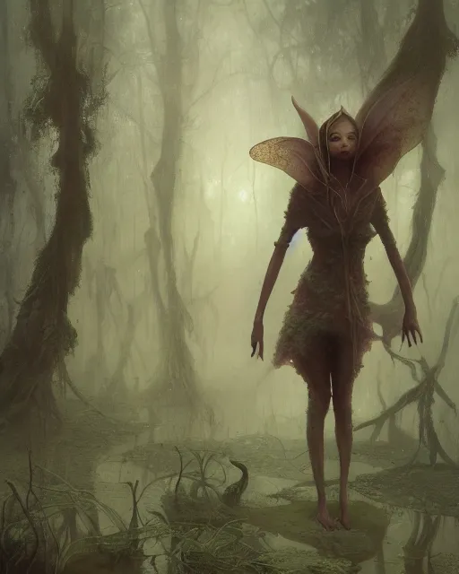 Prompt: a film still close up shot of a pixie in a misty swamp landscape by esao andrews and peter mohrbacher. trending on artstation
