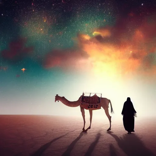 Prompt: bedouin walking in the desert towards a mosque while surrounded by nebula clouds, digital art, trending on artstation