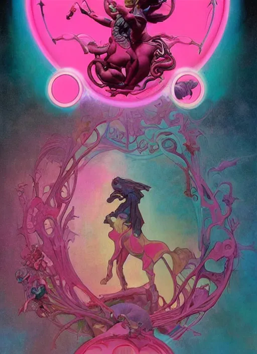 Image similar to mutant biomorphic biological biogeometric structure, hot pink and teal, cinematic graded palette. animal spirit guardian carousel painted jean - leon gerome, homer tanuka, james jean, mead schaeffer. trending on pinterest. influences from dean cornwell, greg tocchini, alphonse mucha, akira