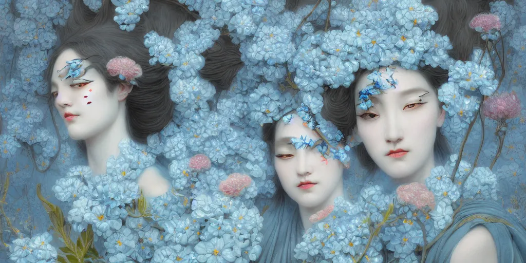 Image similar to breathtaking detailed concept art painting art deco pattern of faces goddesses amalmation light - blue flowers with anxious piercing eyes and blend of flowers and birds, by hsiao - ron cheng and john james audubon, bizarre compositions, exquisite detail, extremely moody lighting, 8 k