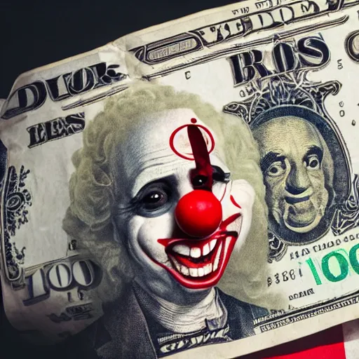 Image similar to A clown holding a dollar banknote, background is a slum, cinematic, epic, highly-detailed, photo realistic