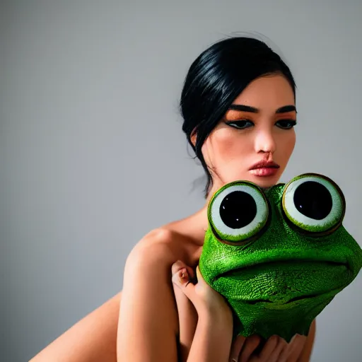 Image similar to a creative portrait of a beautiful model + pepe the frog, beauty shot, photography, makeup, female character, canon eos r 3, f / 1. 4, iso 2 0 0, 1 / 1 6 0 s, 8 k, raw, unedited, symmetrical balance, in - frame