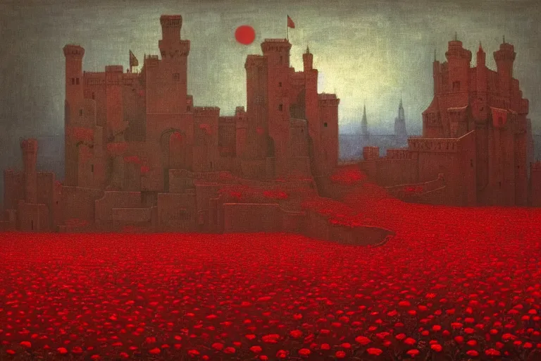 Image similar to only with red, red flowers of different types, a red tiger, a castle in the background, medieval demons dance over the flowers, an ancient path, in the style of beksinski, part by hopper, part by rodcenko, part by hofbauer, intricate composition, red by caravaggio, insanely quality, highly detailed, masterpiece, red light, artstation