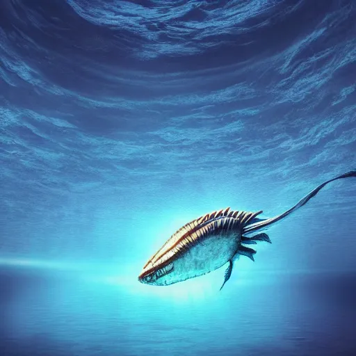 Image similar to vanishing perspective view of an alien fish swimming on the ocean bed, deep blue ocean color, some plant life, alien landscape, cinematic perspective, cinematic lighting, matte painting, detailed, sci - fi