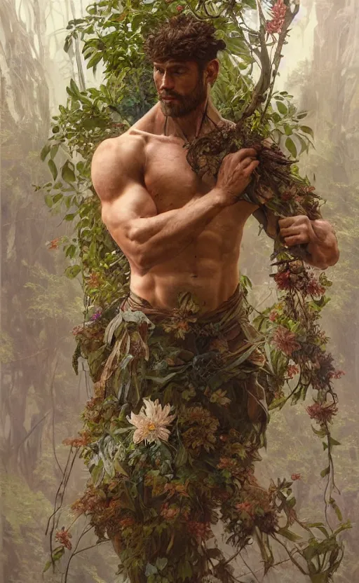 Image similar to god of the forest, 3 0 years old, rugged, male, gorgeous, detailed face, amazing, full body, flowers, muscular, intricate, highly detailed, digital painting, artstation, concept art, sharp focus, illustration, art by greg rutkowski and alphonse mucha