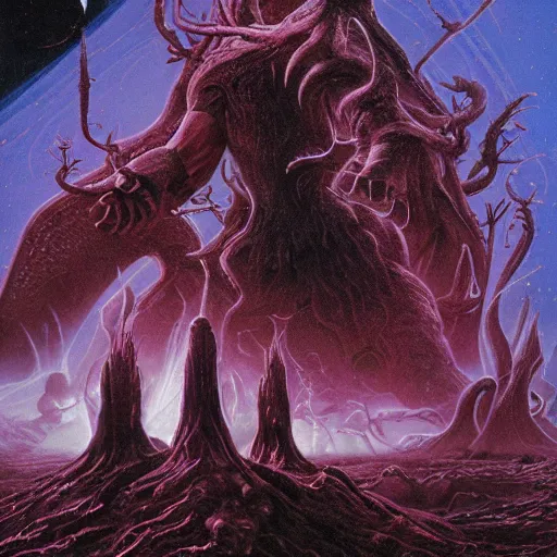 Image similar to Thor and the unspeakable eldritch horror in the plane of darkness and blackholes, 8k 4k in the style of Wayne Barlowe