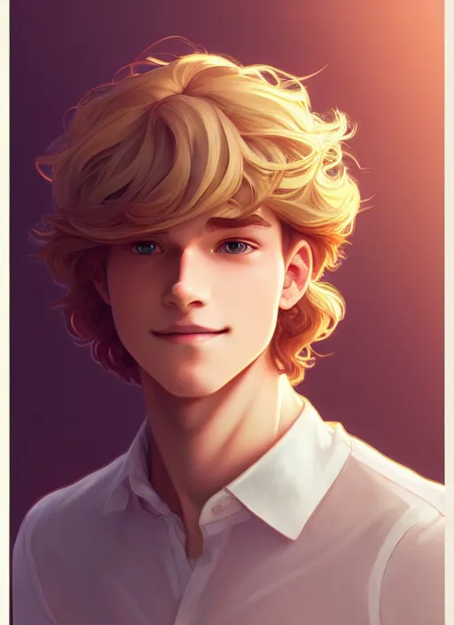 Prompt: young man with medium - length, curly, golden hair, perfectly proportioned face, aquamarine eyes, sweet smile, natural lighting, path traced, highly detailed, high quality, cartoon, digital painting, by new haicheng and ross tran and studio ghibli and alphonse mucha