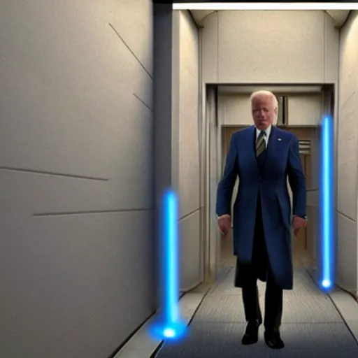 Image similar to Joe Biden as a Jedi knight, standing in a spaceship corridor. He has a blue lightsaber in his hand, and the light from it illuminates the scene. Industrial light and magic. Filmic. Heavy atmosphere. Photorealism.