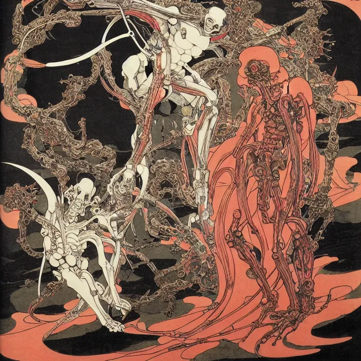Image similar to still frame from Prometheus by Utagawa Kuniyoshi, Ossiarch Bonereaper ornate bone cyborg god powered by magic and souls exploding along by Wayne Barlowe by peter Mohrbacher by Giger, dressed by Alexander McQueen and by Neri Oxman, metal couture hate couture editorial