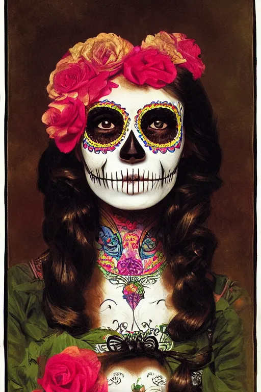 Prompt: Illustration of a sugar skull day of the dead girl, art by frederic edwin church