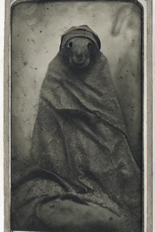 Prompt: a wet plate photo of a weasel friar