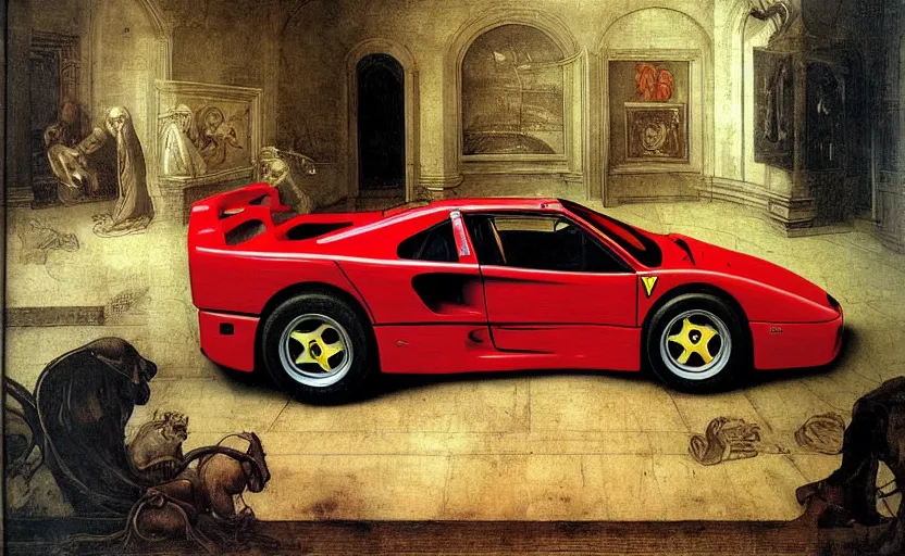 Image similar to Painting of a Ferrari F40, italian High Renaissance art by Leonardo da Vinci