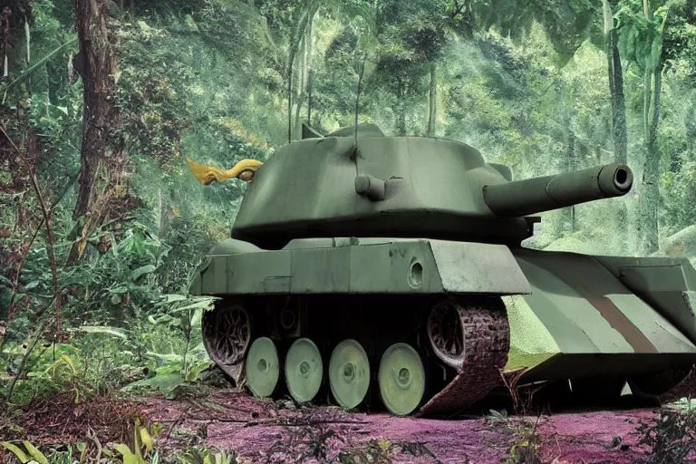 Image similar to colorful pokemon that looks like a military tank, lush jungle scene, post apocalyptic, shot on film