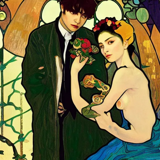 Prompt: painting of taehyung and gorgeous rina together at the cucumber soup party, elegant, clear, painting, stylized, art, art by alphonse mucha, vincent van gogh, egon schiele,