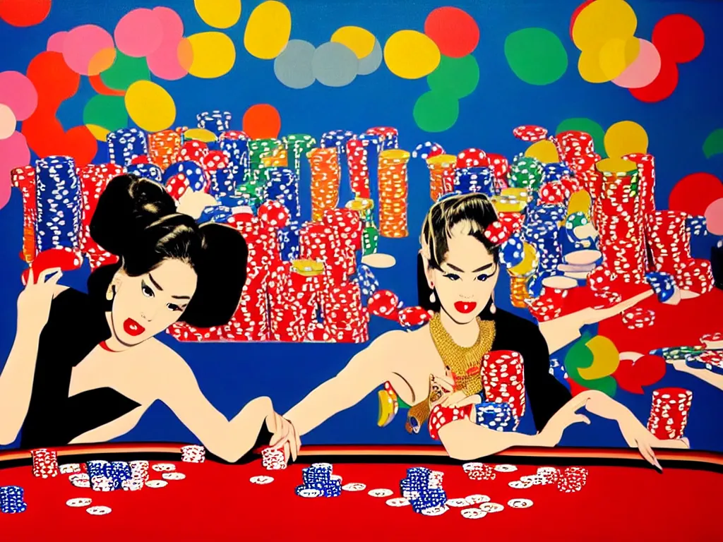 Image similar to hyper - realistic composition of a room in a casino with an extremely detailed poker table, croupier in kimono standing nearby fireworks in the background, pop art style, jackie tsai style, andy warhol style, acrylic on canvas