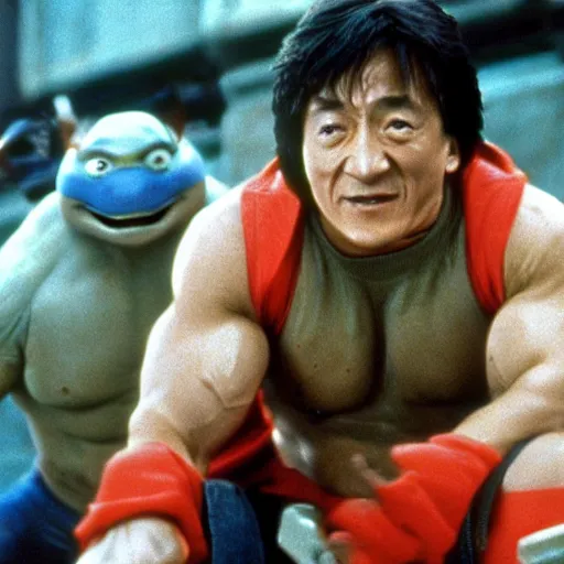 Image similar to Jackie Chan in the 1990s film Teenage Mutant Ninja Turtles, film still, photo