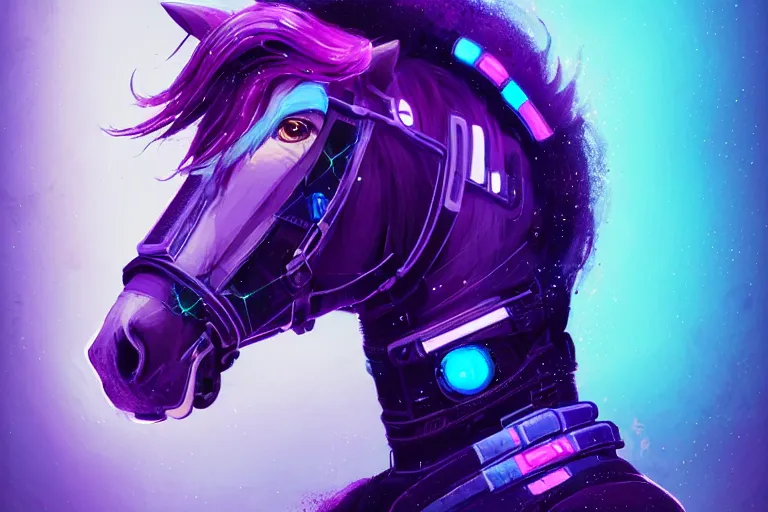 Prompt: a beautiful full body portrait of a cute cyberpunk horse with bioluminescent mane by sandra chevrier and greg rutkowski and wlop, purple blue color scheme, vaporware, retro, outrun, high key lighting, volumetric light, digital art, highly detailed, fine detail, intricate, ornate, complex, octane render, unreal engine, photorealistic