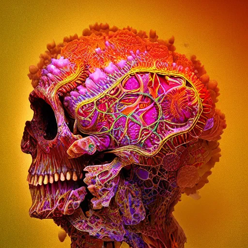 Image similar to a beautiful digital art of a detailed psychedelic coral - carved human skull made from detailed fractal by alberto seveso, jean delville, edmund dulac, jean giraud, vivid colors, octane render, redshift render