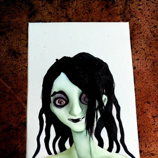 Image similar to young man portrait, black hair, skinny, sleep deprived, corpse bride art style