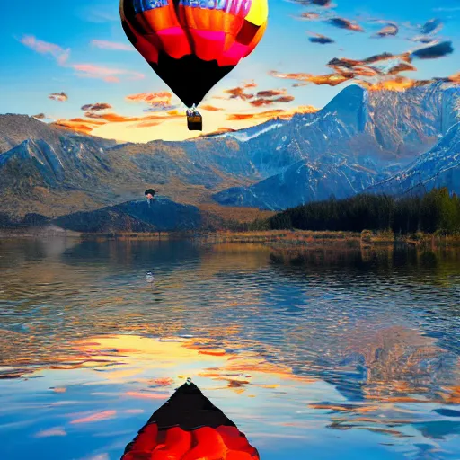 Image similar to photo of two black swans touching heads in a beautiful reflective mountain lake, a colorful hot air balloon is flying above the swans, hot air balloon, intricate, 8k highly professionally detailed, HDR, CGsociety