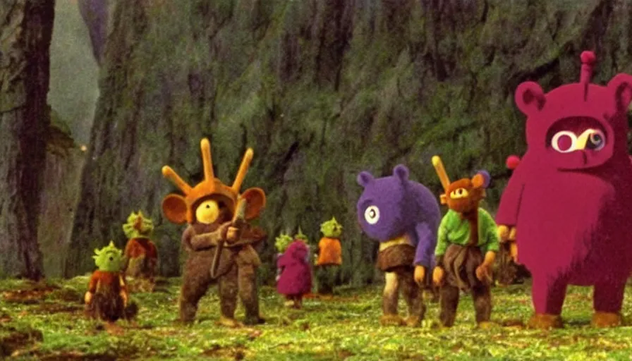 Prompt: a still from Princess Mononoke depicting the war of the teletubbies