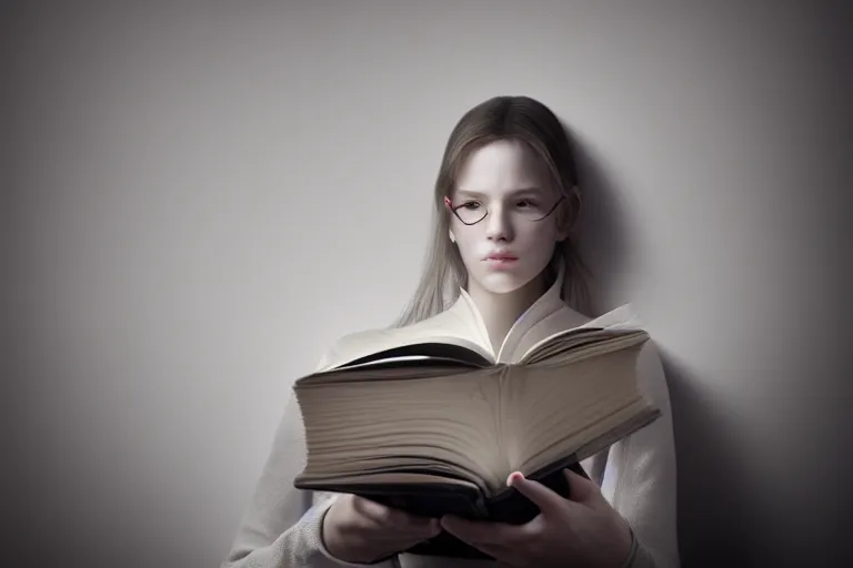 Prompt: an ultra realistic, cinematic, headshot portrait, of a girl reading a book, facial features, detailed, deep focus, movie still, dramatic lighting, ray tracing, by michal karcz and yoshitaka amano