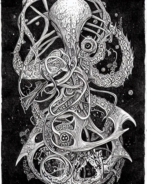 Image similar to miskatonic scholar, black ink on paper, trending on artstation, beautiful, intricate, detailed