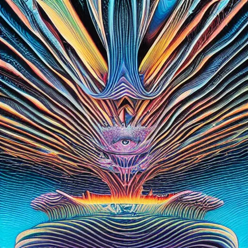 Image similar to geometric volcanoes melting into ocean forest cliffs in space by android jones, alex grey, chris dyer, aaron brooks,