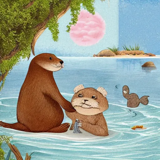 Image similar to storybook illustration of a river otter and a sea otter having a picnic