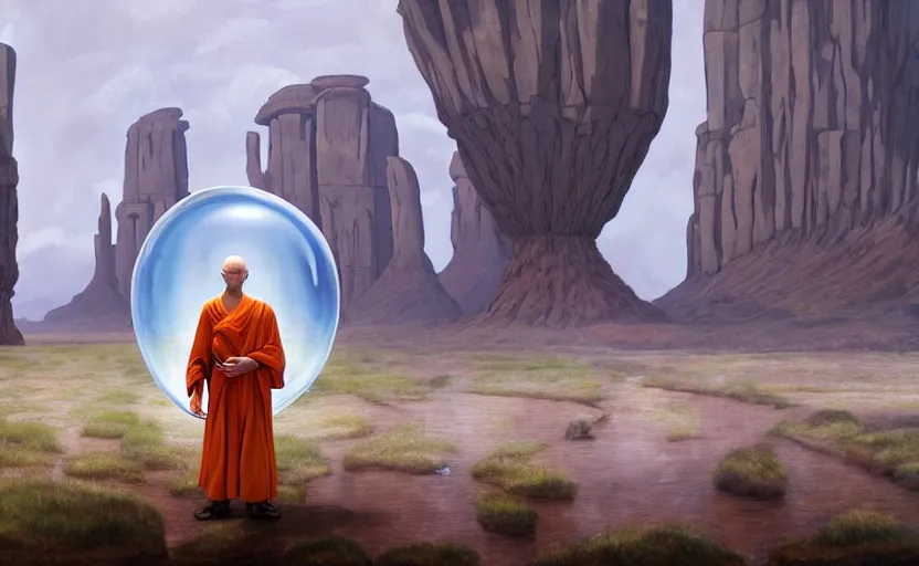 Image similar to a scary hyperrealist painting of a monk in a giant transparent bubble from howl's moving castle ( 2 0 0 4 ) in a flooded monument valley stonehenge jungle. depth perception, 4 k, artstation, in the style of studio ghibli