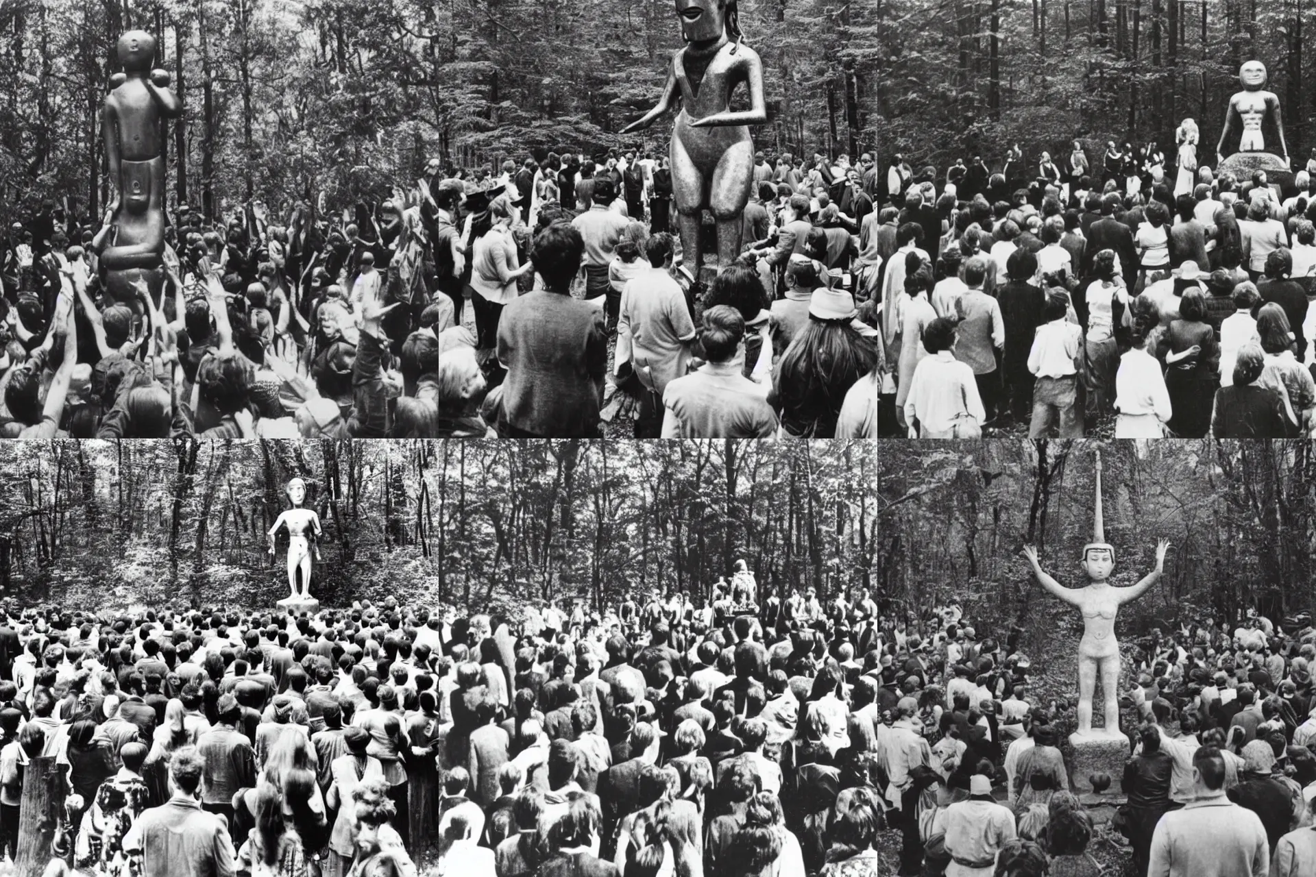 Prompt: a vintage photograph of a crowd of people worshipping a strange idol in a forest