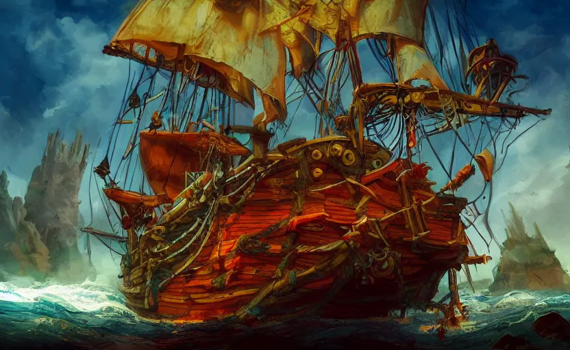 Image similar to pirate ship, storybook, colorful, lush, artstation, print