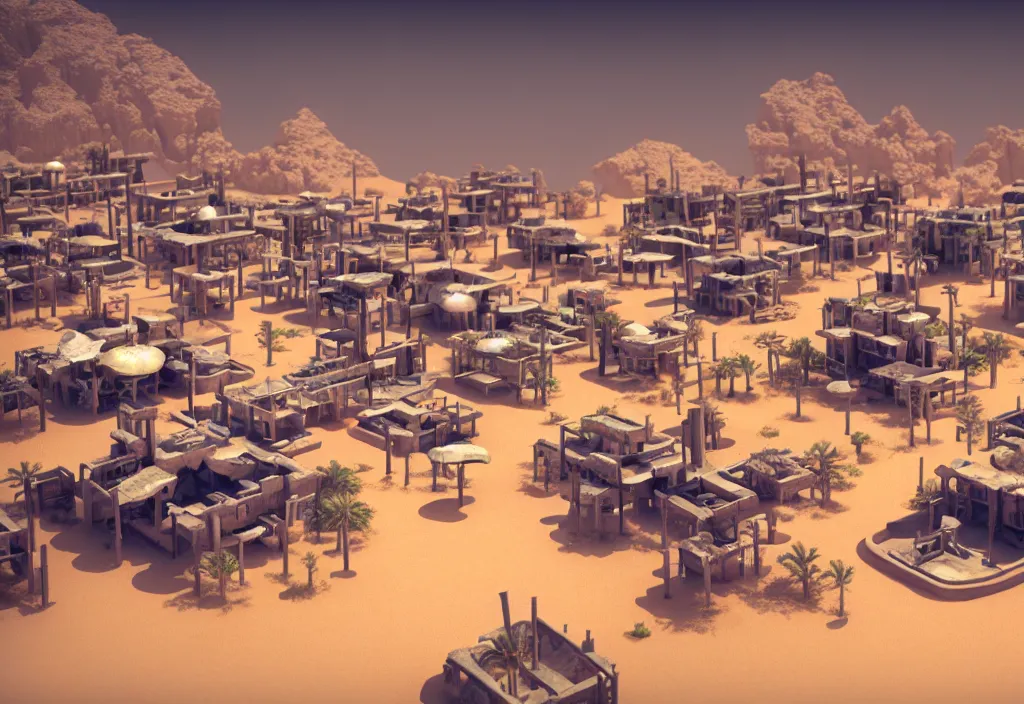 Image similar to futuristic village in a desert, painting, octane render, 4 k, anime