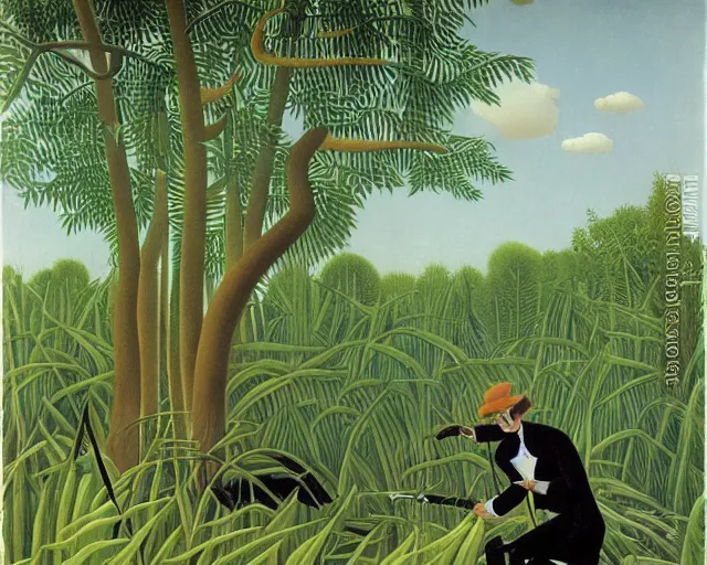 Image similar to snake oil researcher traversing the swamps of Formosa, painting by Henri Rousseau