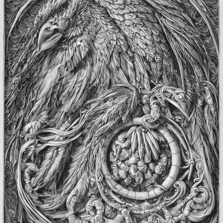 Prompt: beautiful detailed engraving of a ceremonial hawk god, symmetrical portrait, forward facing, classical ornamental entail design, fibonacci flow, acroteria, encarpus, bead and reel, large medium and small elements, by russ abbott, albrecht durer, artgerm, rutkowski, trending on artstation, 8 k