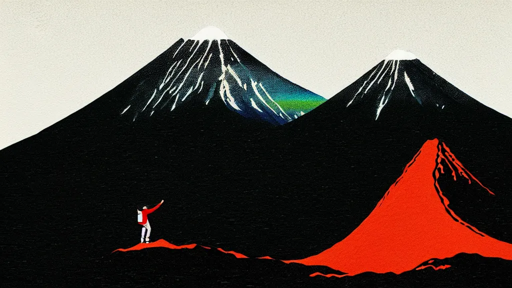 Image similar to climber at the base of mount fuji, japan, a collage painting, in the style of wes anderson, lola dupre, david hockney, isolated on negative white space background dark monochrome neon spraypaint accents volumetric octane render