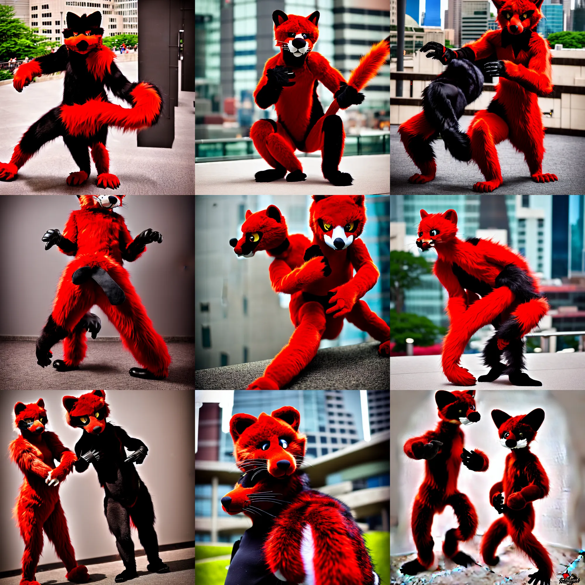 Prompt: fullbody photoshoot photo portrait of a cute roguish male red - black furred weasel furry fursuiter ( tail attached ), key visual, taken at anthrocon ( furry convention )