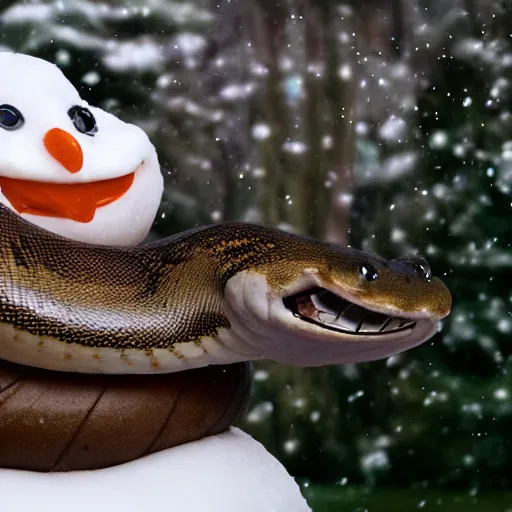 Image similar to cinematic photo of a taxidermized fat snake held by a smiling taxidermized snowman in a hot tub