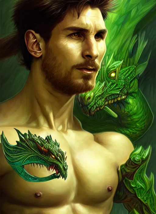 Image similar to portrait of aggressive draconic humanoid messi, d & d, muscular! green, fantasy, intricate, elegant, highly detailed, digital painting, artstation, concept art, smooth, sharp focus, illustration, art by artgerm and greg rutkowski and alphonse mucha