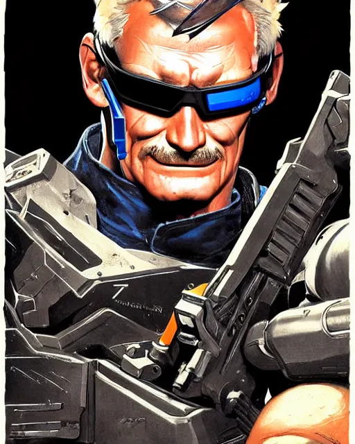 Image similar to soldier 7 6 from overwatch, heavey metal magazine cover, character portrait, portrait, close up, concept art, intricate details, highly detailed, in the style of frank frazetta, esteban maroto, richard corben, pepe moreno, matt howarth, stefano tamburini, tanino liberatore, luis royo and alex ebel