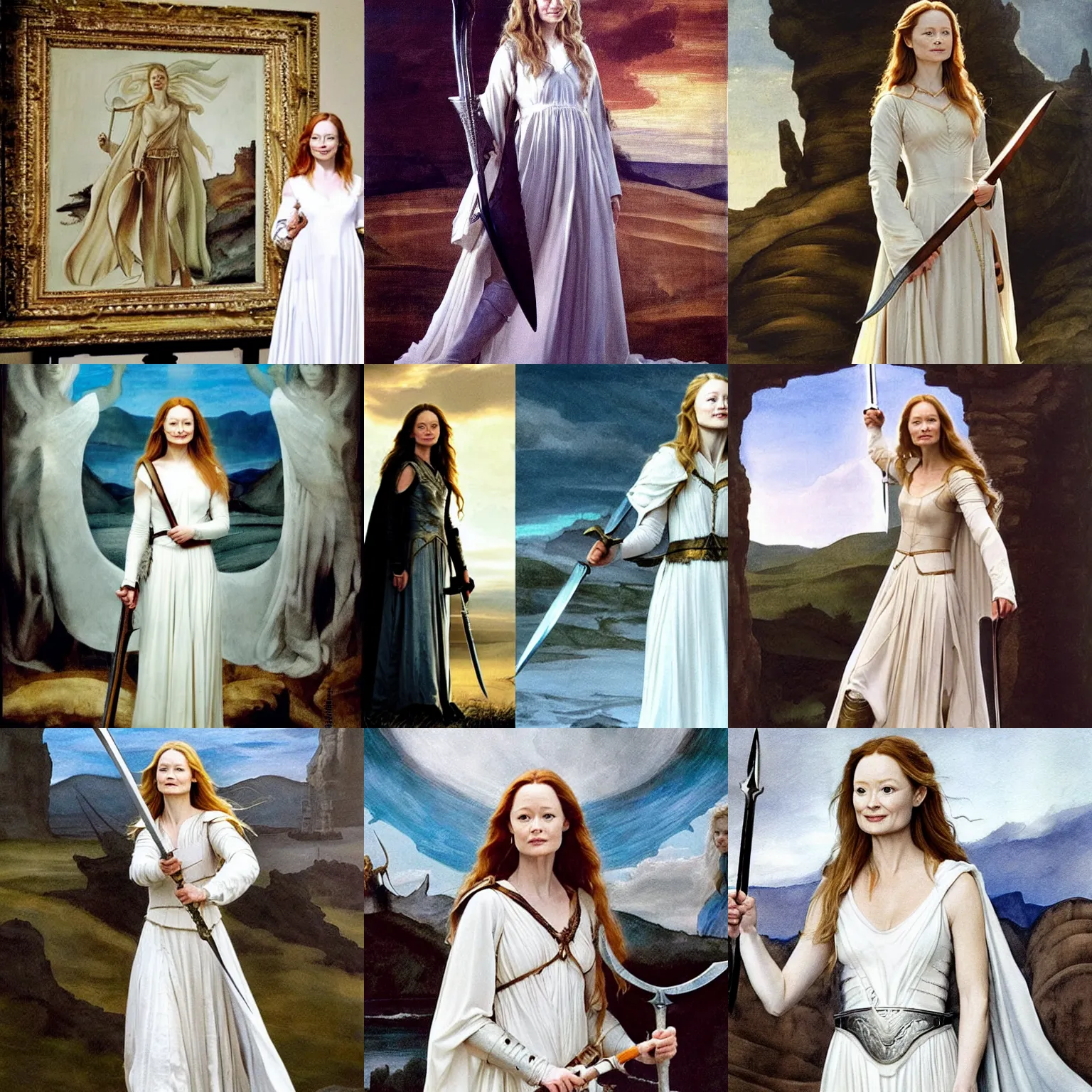 Prompt: miranda otto as eowyn, wearing a white dress, holding a sword, painting by michelangelo, classical, realism, renaissance