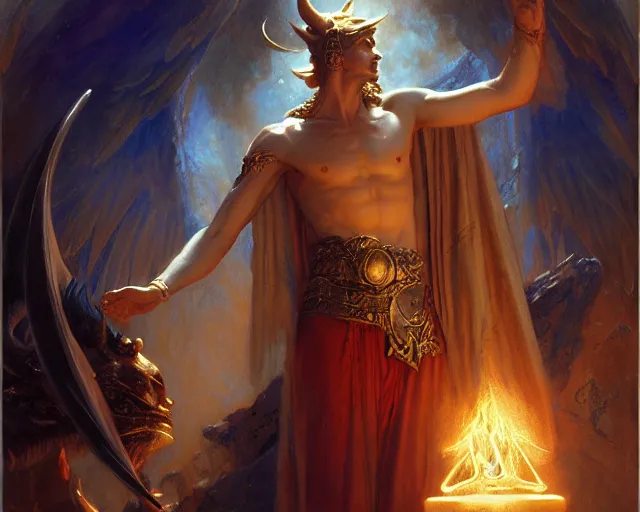 Image similar to attractive male deity, casting demonic magic, summoning handsome lucifer morning star. highly detailed painting by gaston bussiere, craig mullins, j. c. leyendecker 8 k