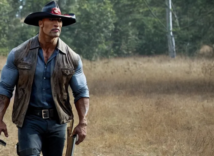 Image similar to film still of dwayne the rock johnson as rick grimes wearing a hat in the new walking dead tv series, 4 k