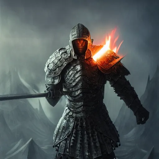 Image similar to photo brutal nordic Warrior, wearing intricate steel armor, holding magical fiery battle-axe, sharp focus, magical aura, heroic pose, fantasy style, octane render, volumetric lighting, 8k high definition, by greg rutkowski, highly detailed, trending on ArtStation, magical Battlefield background, centered