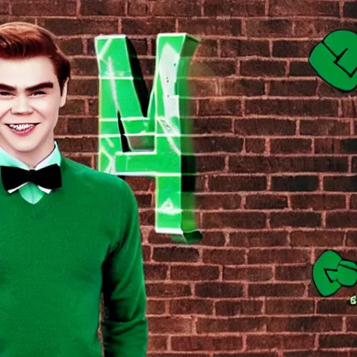 Prompt: Archie Andrews wearing a green bow tie and a black sweater with a letter R on it